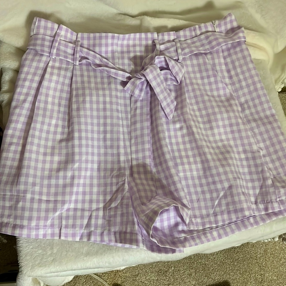 Purple plaid high waisted dress shorts